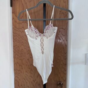 La Perla white Lace Bodysuit with Pink Floral Embroidery us 32